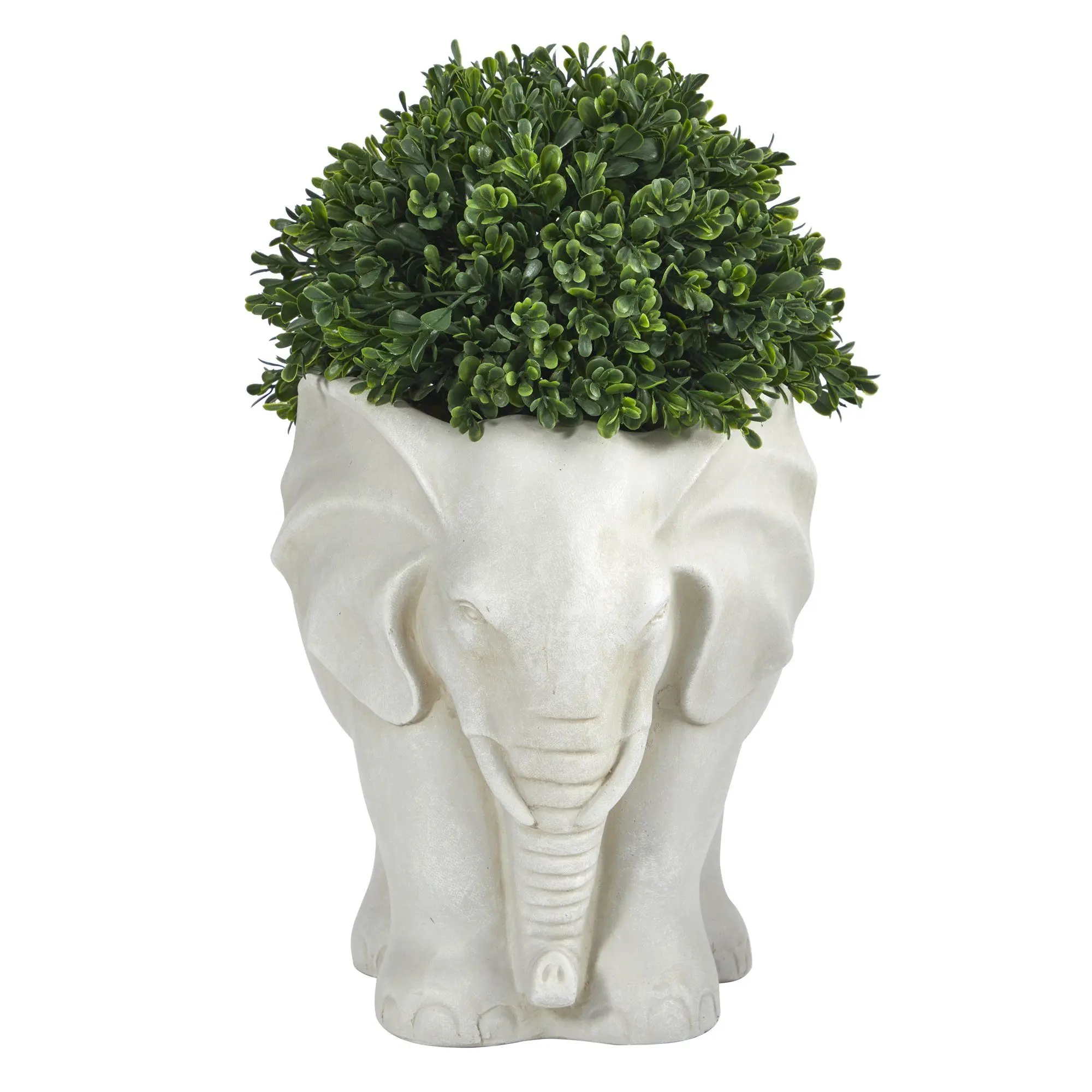 16” Decorative Fake Potted Boxwood Topiary in Elephant-Shaped Planter, Outdoor Safe Plant Decor for Indoor-Outdoor Home Supplies, Fake Potted Plant