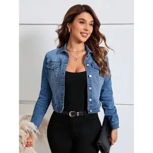 Women's Front Button Long Sleeve Pocket Casual Denim Jacket, Fall Women Clothes Fabric Fit