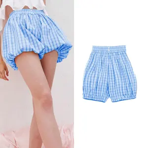 Women Bloomer Shorts, Summer Elastic Waist Plaid Casual Shorts Streetwear for Daily