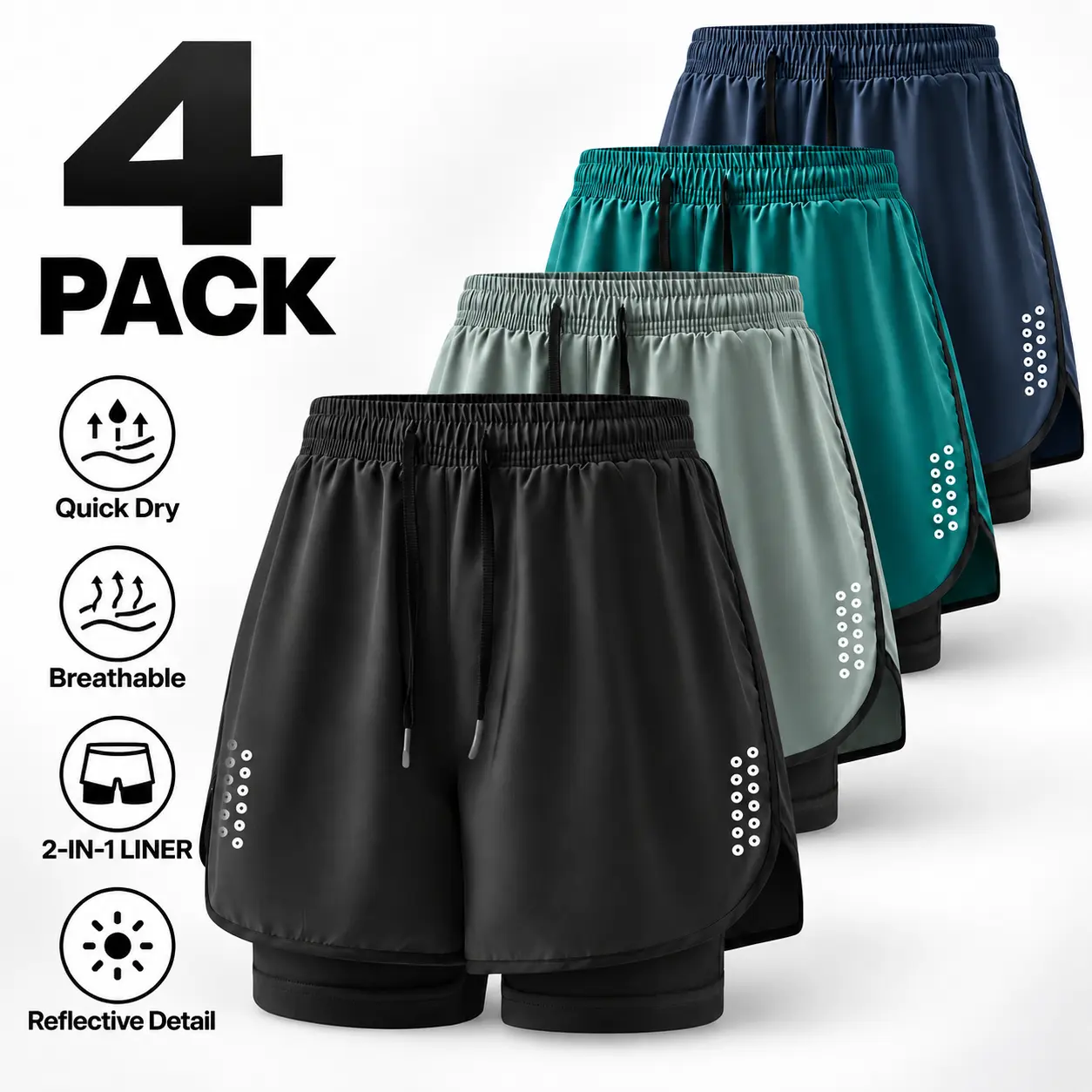 4-Pack Men’s 2-in-1 Quick-Dry Running Shorts with Compression Liner, Lightweight Breathable Athletic Shorts with Drawstring Waist and Reflective Details for Gym, Workout, Training and Outdoor Sports