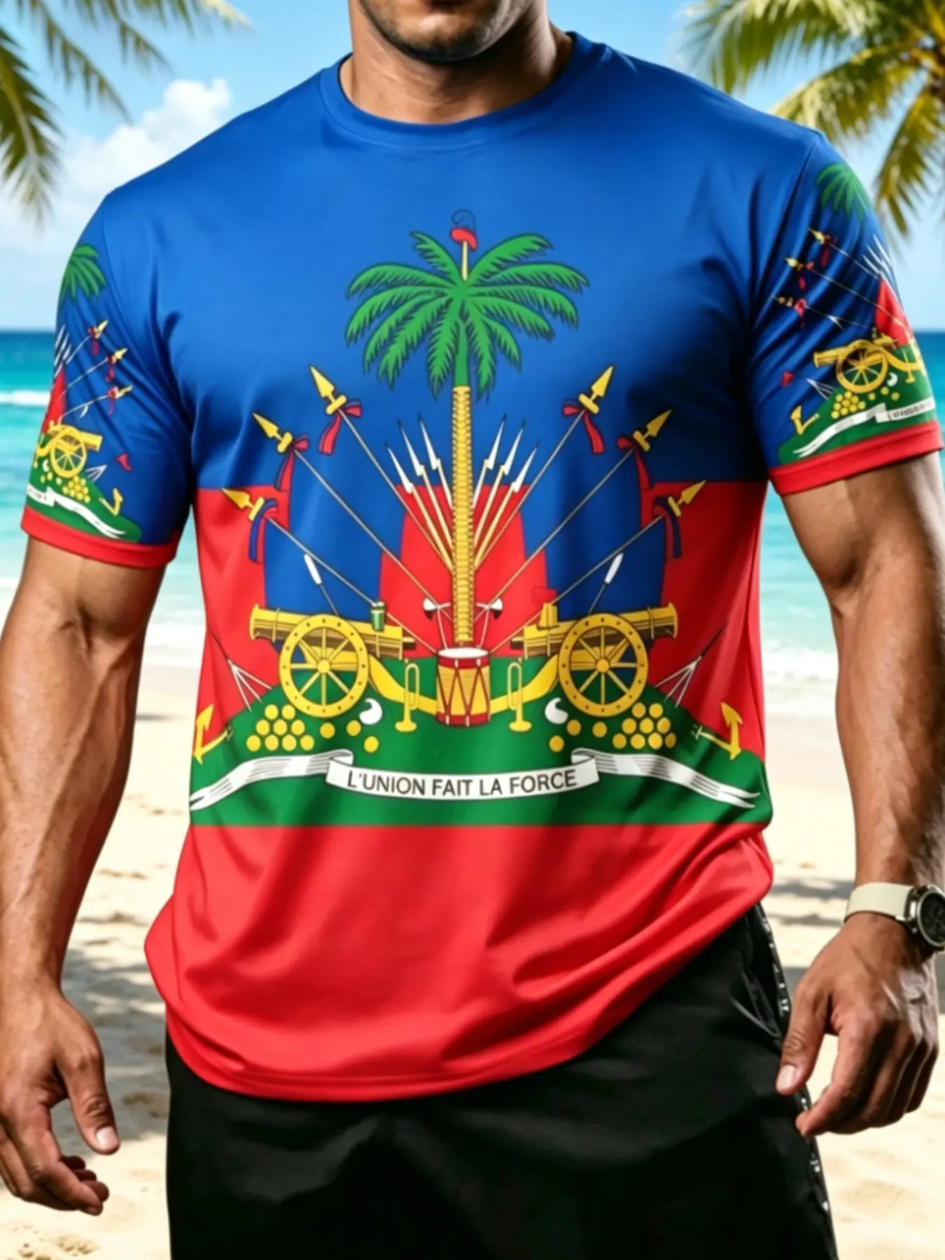 Men's Haiti Themed Short Sleeve T-Shirt, Casual Summer Top, Tropical Style Regular-Fit Tee, All Over Print Design, Patriotic Clothing, Menswear