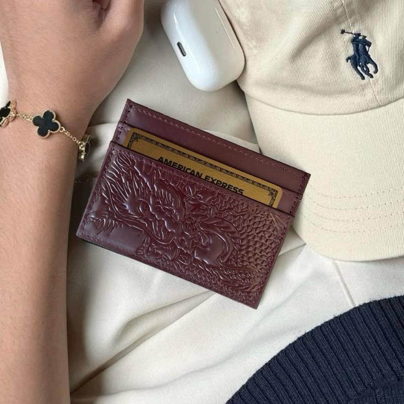 Ryuu Maroon Genuine Leather Card Holder with Embossed Japanese Dragon Design 4 Card Slots 1 Cash Slot Trifold Wallet Solid Color RFID Anti-Theft