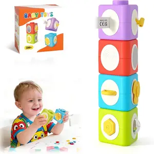 Activity Cubes & Stacking Toy Blocks Set of 4,12-in-1 Montessori Toys for 1-2 Years Old,Educational Activities Sensory Travel Toys for Airplane & Car, Easter Basket Stuffers for Toddler