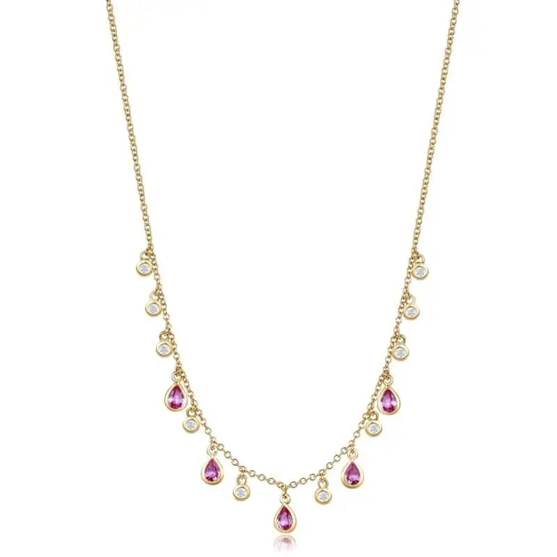 14K Pear Pink Saphire & Bezel Diamond Drop Necklace