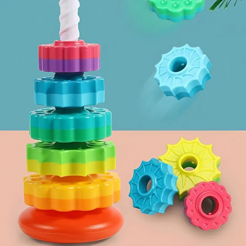 Rainbow Rotating Tower Toy, Colorful Wooden Stacking Sensory Toy, Kids Interactive Stacking Jenga Game, Rainbow Tower Blocks for Baby & Toddlers#GLOBAL PICKS