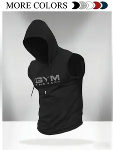 Men's hooded sports vest with "GYM THERAPY" print, sleeveless sweatshirt with inspirational text, slim fit suitable for training, running, and basketball, durable and eye-catching print suitable for fitness enthusiasts