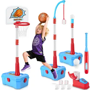4-in-1 Toddler Basketball Hoop & Tee Ball Set,Adjustable Height Kids Basketball Hoop with Automatic Pitch -Kids Outdoor Sport Birthday Christmas Toys Gifts for Boys Girls