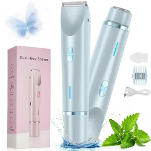 Bikini Trimmer for Women, Electric Shaver and Razor Rechargeable 2-in-1 Bodyand Facial Hair Removal Double Head forPainless Trimming of Pubic Face UnderarmLegs,IPX7 Waterproof, pink, USB Rechargeable Trimmer