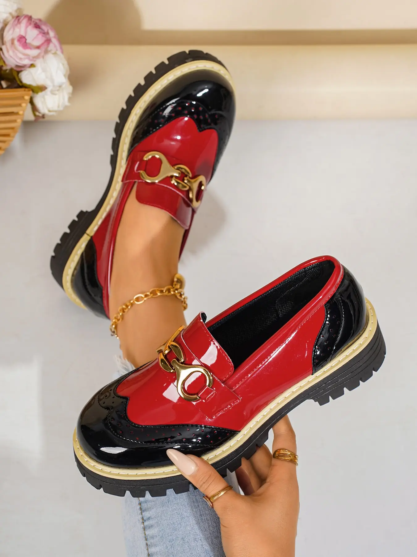 Women's Leather Patchwork Loafers, Spring & Fall New Arrival, Metal Buckle Mary Jane Shoes, Thick Sole Anti-Slip, French Vintage Style, Vintage Chic Shoes