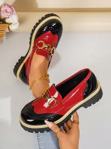 Women's Leather Patchwork Loafers, Spring & Fall New Arrival, Metal Buckle Mary Jane Shoes, Thick Sole Anti-Slip, French Vintage Style