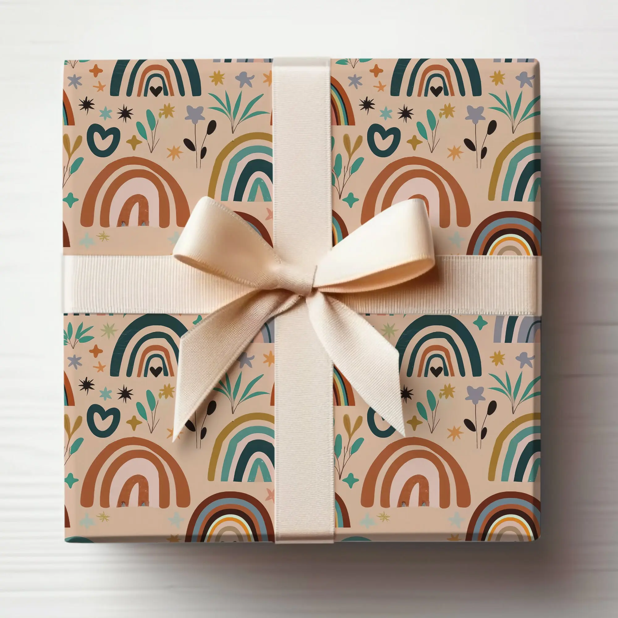 Boho Rainbow Gift Wrap Roll, Boho Rainbow Wrapping Paper, Brown Rainbow Gift Wrap Roll, Cute Rainbow Wrapping Paper Roll Rainbow Gift