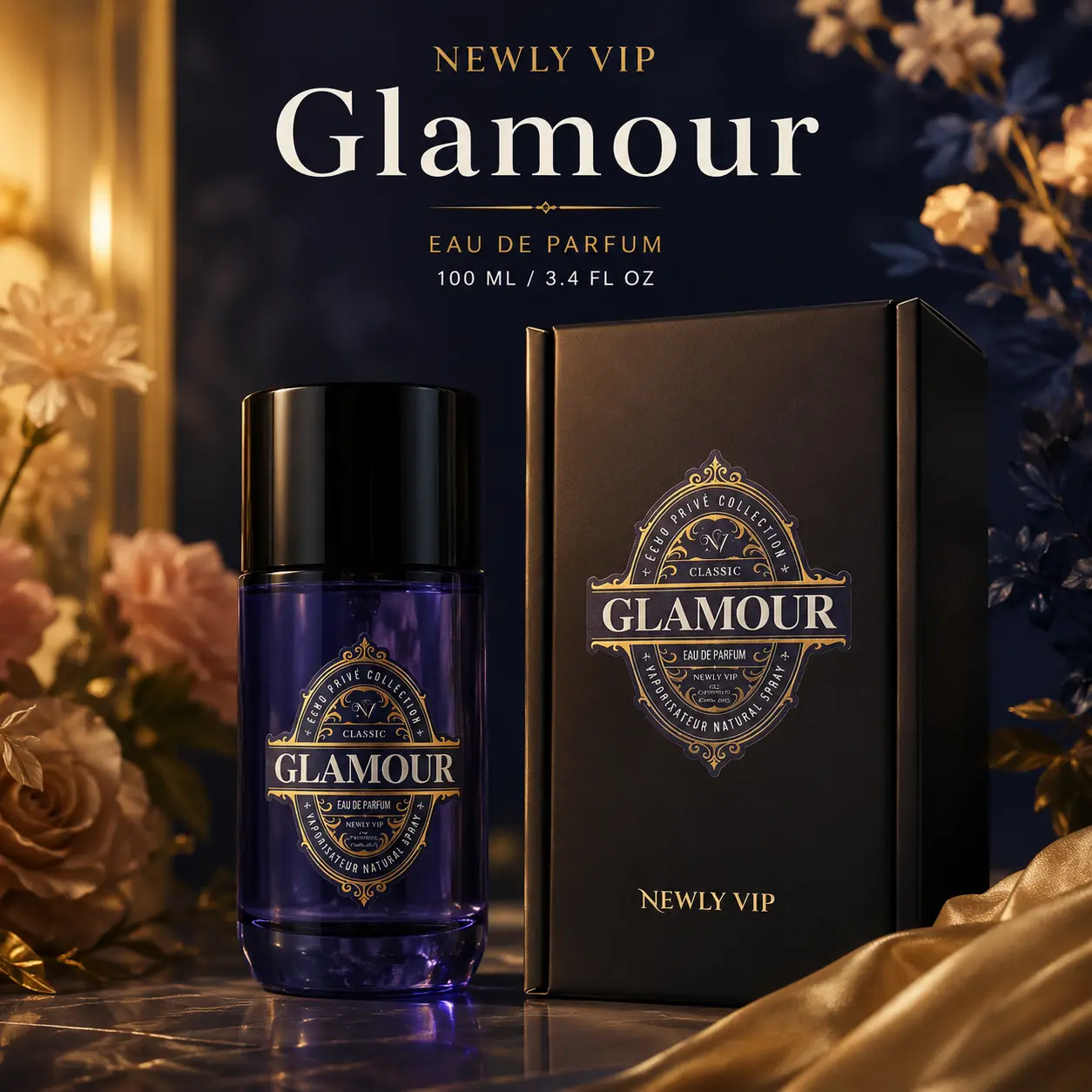NEWLY VIP Glamour Eau de Parfum, Floral Oriental Perfume with Almond, Coffee, Jasmine, Tuberose, Cocoa, Vanilla & Cedarwood, 100ml