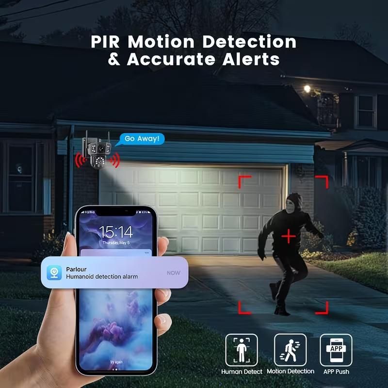 Solar Security Cameras Wireless Outdoor With 64GB SD Card - 2.4 GHz WiFi Security Cameras, 4K/8MP Dual-lens Linkage, Battery Powered, 360° Pan And Tilt, Ultra Clear Color Night Vision, PIR, Two-Way Audio, SD And Cloud Storage