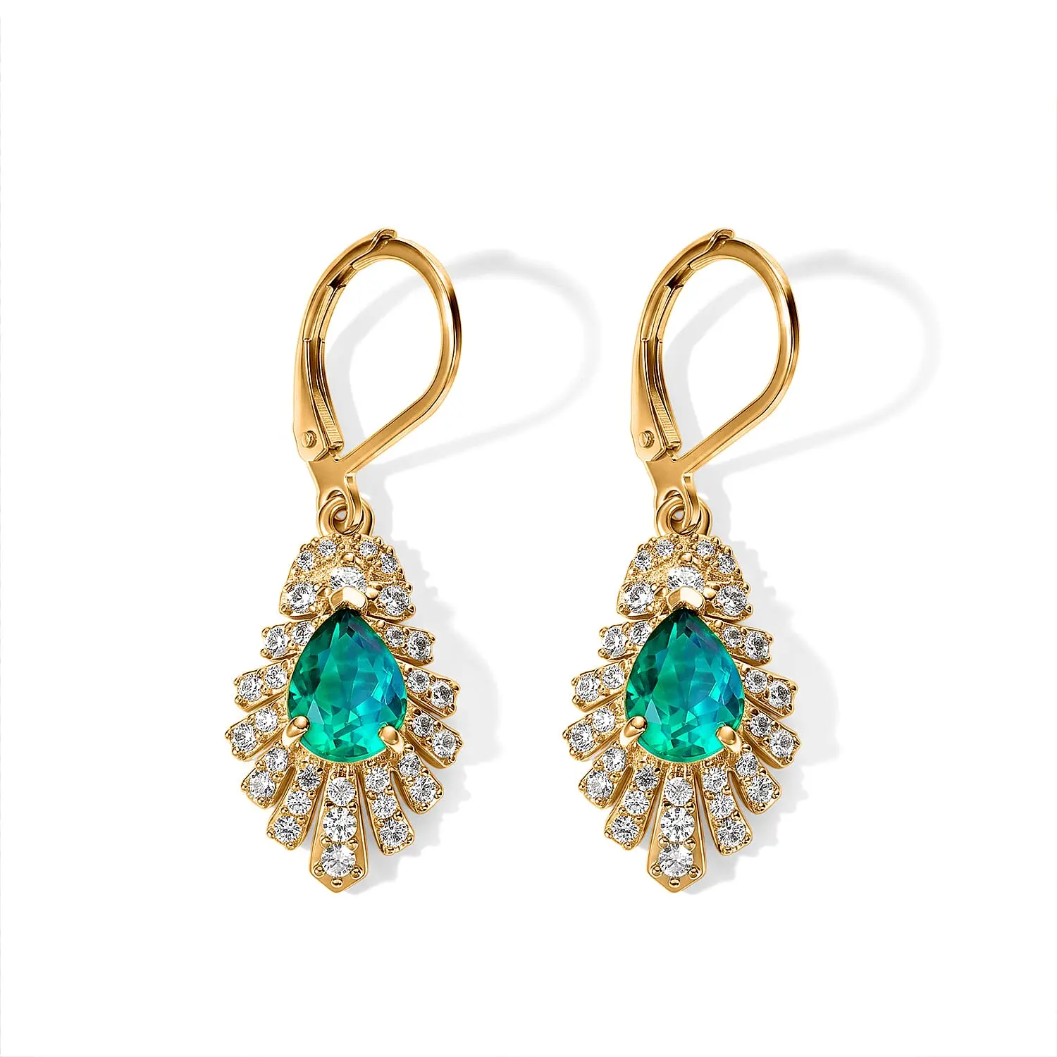EverTrue Peacock Quartz, White Zircon Feather Glow Earringsin 18K YG Plated 3.35 ctw