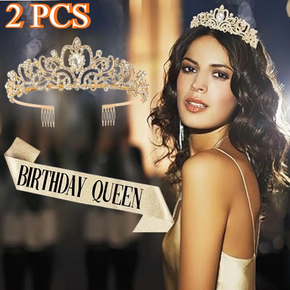 2 PCS Party Crown Belt Birthday Tiara Set Women Birthday Decoration Kit Party Wedding Decoration Glitter Crystal Hair Accessories Wedding Birthday Gift 1 Crown Tiara 1 Belt