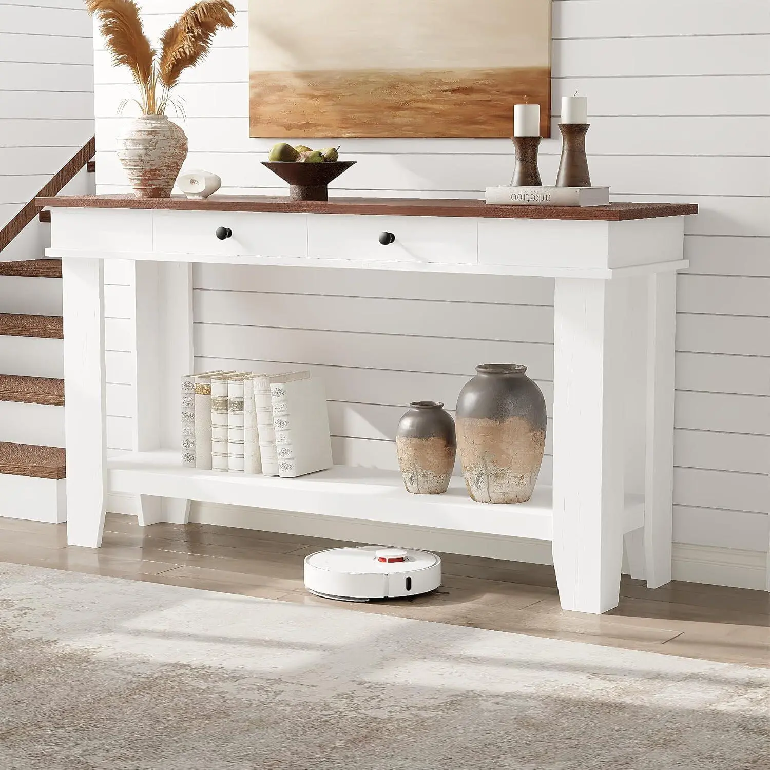 54 Inch Long Console Table Wooden Entryway Table with 2 Drawers and Open Storage Shelf Sofa Table Behind Couch Farmhouse Entry Foyer Table for Entryway Hallway Living Room