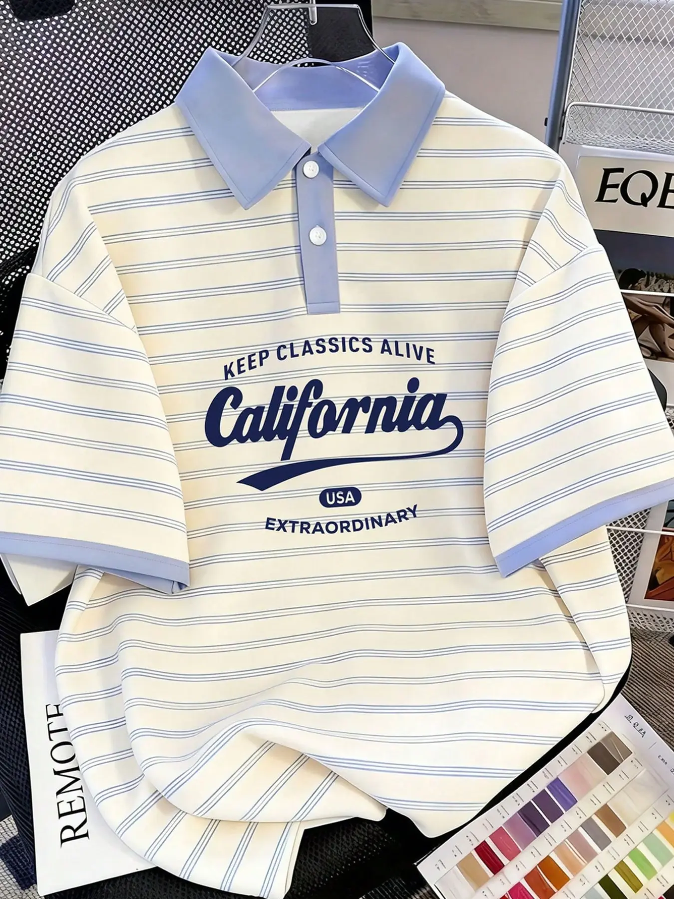 Men's Retro Vintage Classic Striped Print Polo Shirt, Fashion Summer College Style Casual Top, Oversize Loose Fit, Short Sleeve, Button Front, Summer Outfits, Menswear