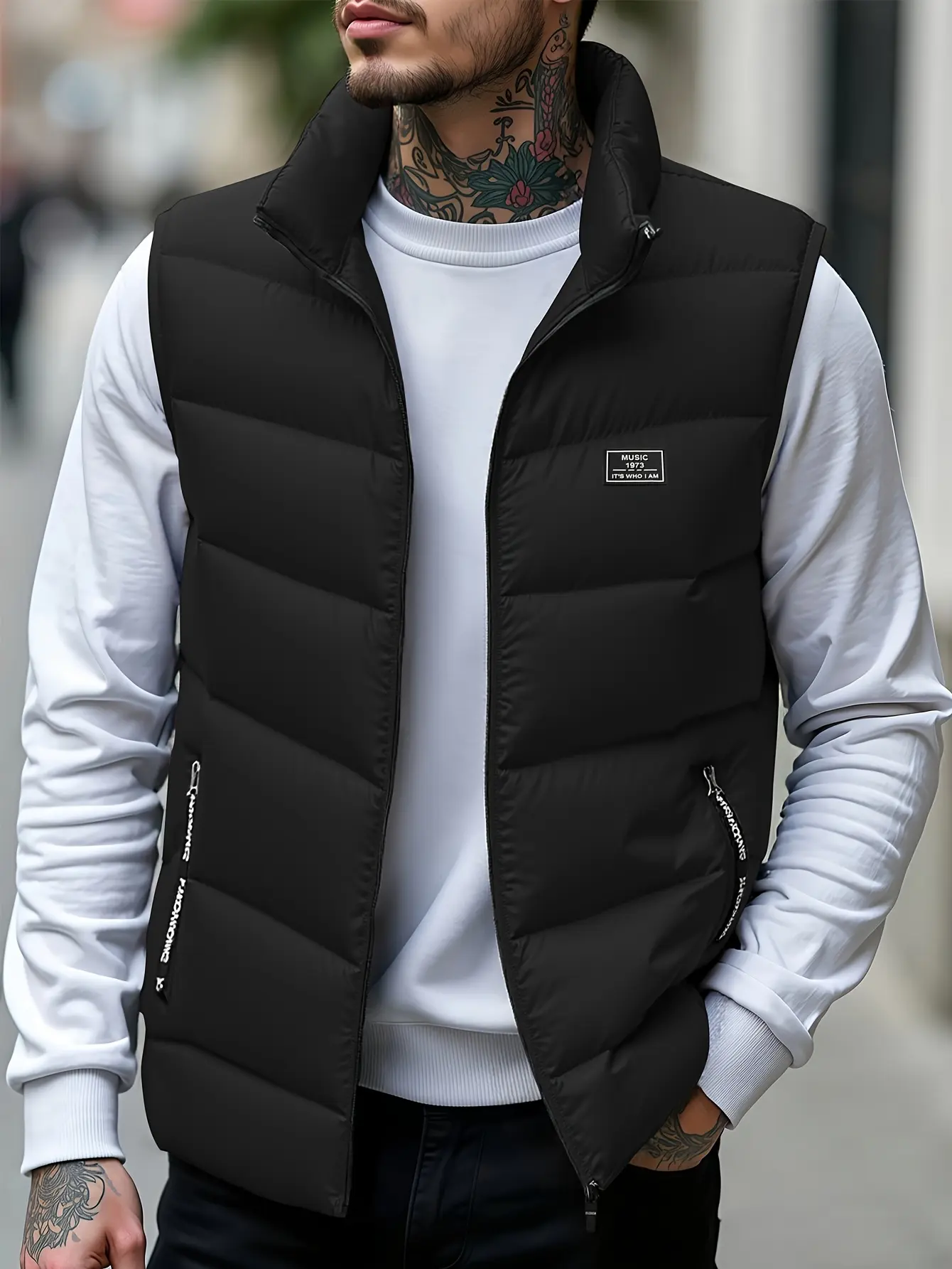 Men's Woven Thick Warm Sleeveless Zip-Up Stand Collar Vest - High-Quality Durable Fabric, Minimal Black Style, Sport-Ready, Casual Versatile Menswear, Ideal Gift for Husband