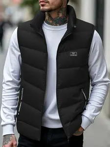 Men's Thick Warm Vest, Sleeveless Zip-Up Stand Collar Design, Black, Ideal Gift for Husband & Son, Durable Winter Sports Jacket, Minimalist Style High-Quality Fabric, Casual & Versatile Menswear Stylish