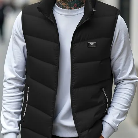 Men's Woven Thick Warm Sleeveless Zip-Up Stand Collar Vest Jacket - High-Quality Durable Fabric, Minimal Black Style, Sport-Ready, Casual Versatile Menswear, Ideal Gift for Husbands