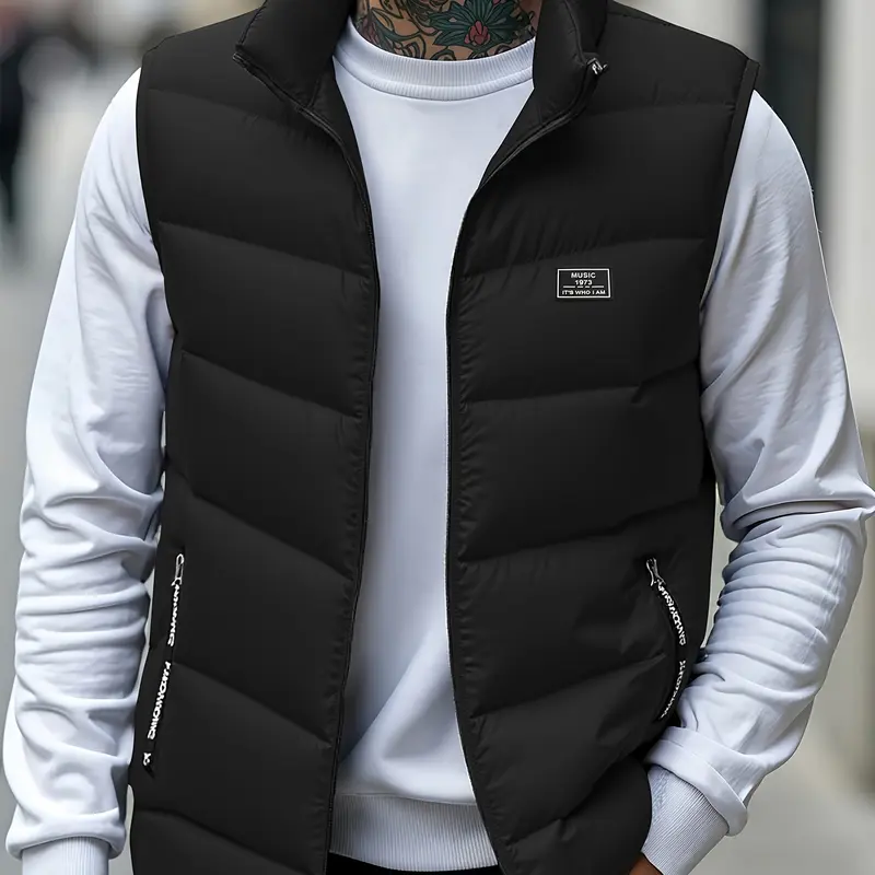 Men's Woven Thick Warm Sleeveless Zip-Up Stand Collar Vest Jacket - High-Quality Durable Fabric, Minimal Black Style, Sport-Ready, Casual Versatile Menswear, Ideal Gift for Husbands