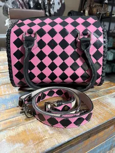 Pink and Black Checkered Speedy Bag with Braided Handles and Durable Construction