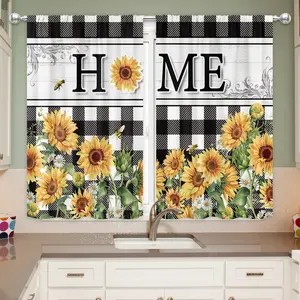 2pcs - Polyester - Country Sunflower Kitchen Curtain Farmhouse Floral Black And White Buffalo Plaid Yellow Flowers Plants Bedroom Living Room Decor