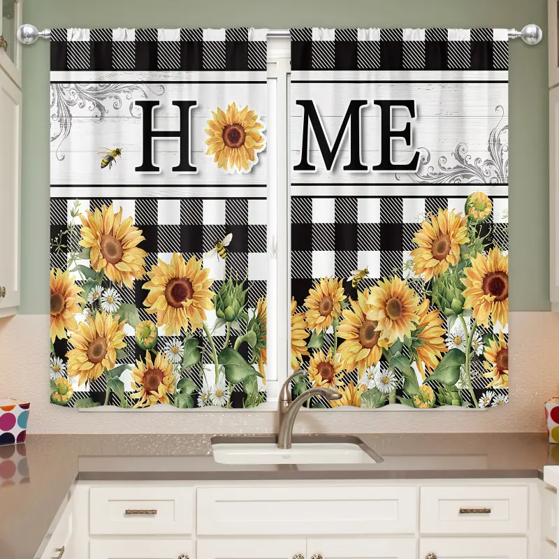2pcs Polyester Farmhouse Window Curtains - Black And White Buffalo Plaid/Yellow Sunflower Floral/Striped, Layered Darkening Ruffle Boho Grommet Drapery Panels, Custom Double-Layer Lined Home Textile for Kitchen, Interior Decoration Accessories