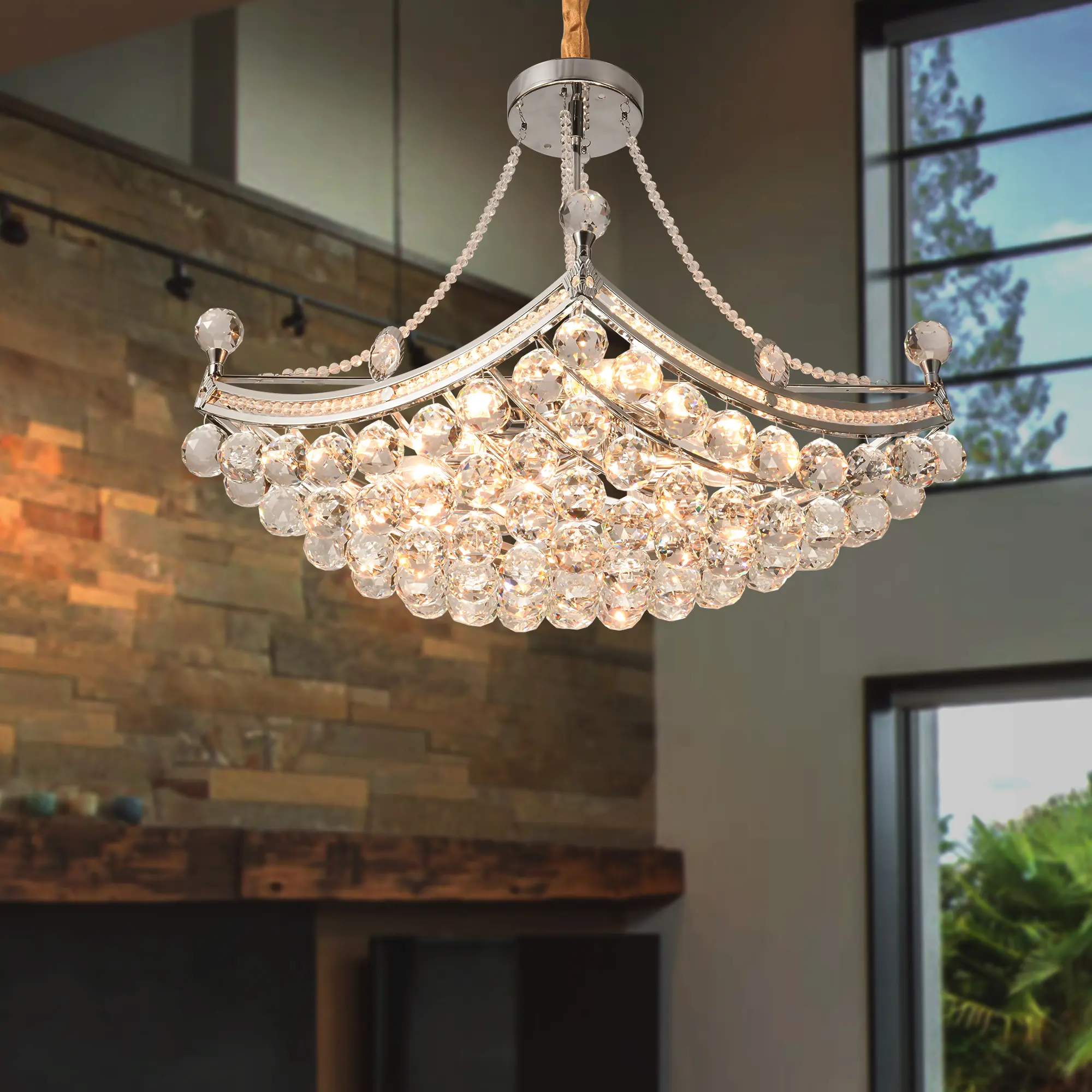 Stylish Contemporary Boat-Shaped Silver K9 Crystal Chandelier, 8-Light E12 AC Power Supply Semi-Flush & Hanging Pendant Light, Adjustable Chain Luxury Ceiling Lamp (Bulb Not Included) for Dining Room, Living Room