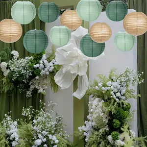 21-Piece Sage Green and Gold Paper Lantern Set - Elegant reusable hanging lanterns for weddings, parties and celebrations, versatile indoor/outdoor decor, decorative lanterns