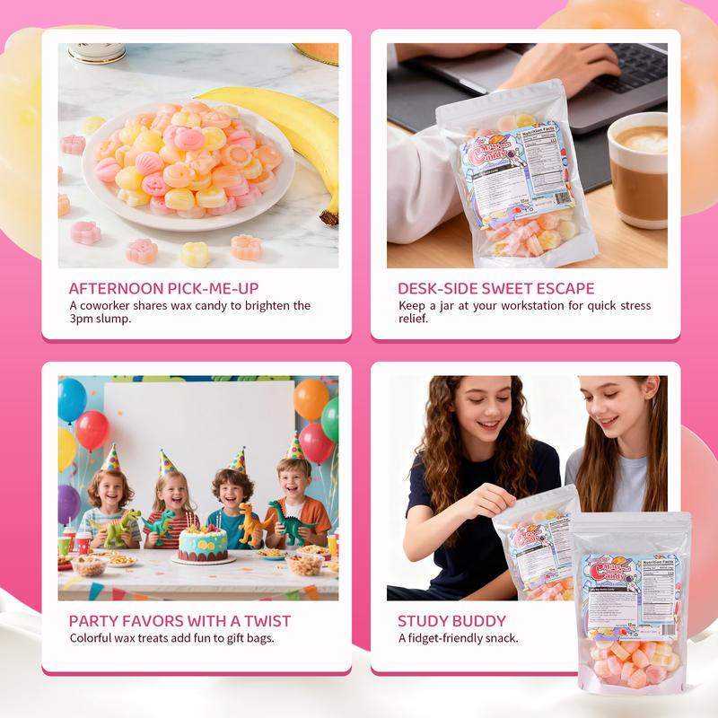 【Hyped Snack】GummyGlow Wax Candy 12 oz Bag Coconut- Variety Milk Fruity Flavor（banana，cantaloupe, strawberry） Filled Fun Shapes Edible Wax Sweet Snack for Parties Bonbon Sweet Fruit Bite