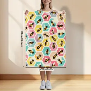 1pc Flannel Blanket With Bees & Honeycomb Hexagon Pattern - Pastel Pink, Yellow, Turquoise, Mustard, Black & White - Soft All-Season Bedspread Bed, Couch, Travel --Themed Or Room Decor, Birthday Mother's Day Size 70x140cm/27. 56x55. 12 In
