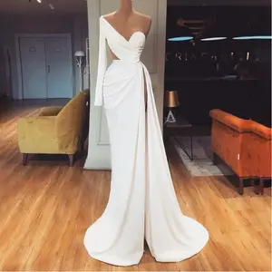 White One Shoulder Long Sleeves Evening Dress 2025 Satin Mermaid Simple Sexy Formal Dress