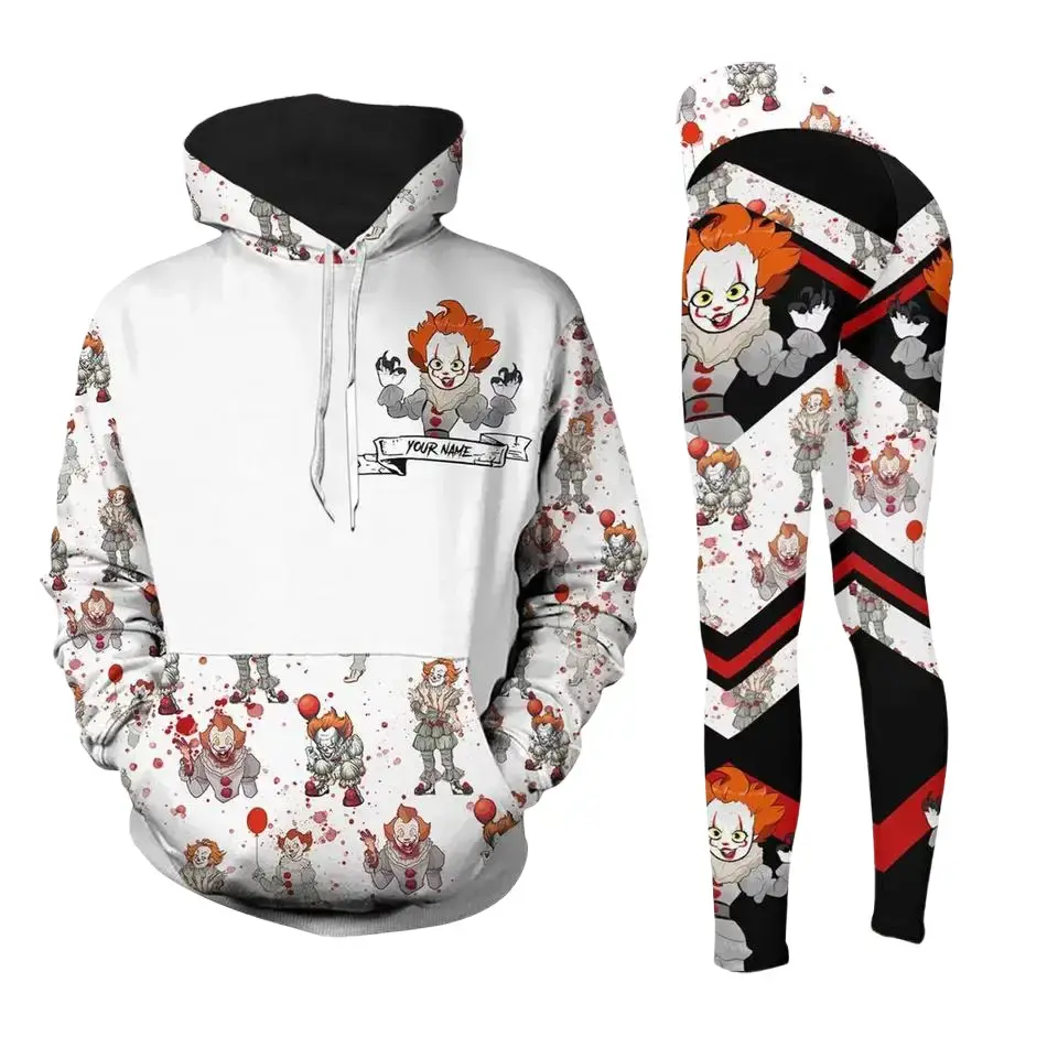 Horror Clown Hoodie and Leggings Set for Women, Scary Circus Graphic Loungewear, Creepy Halloween Sweatshirt and Matching Athletic Leggings Outfit