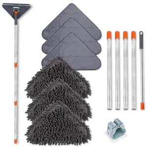 Long Handle Wall Cleaner Adjustable Length Wall Mop 360° Spinning Head Floor Wall Washing Cleaning Tool for Walls Ceiling Fans Floors Baseboards Dust Kitchen General Purpose, 6 Replacement Pads and 1 Silicone Squeegee