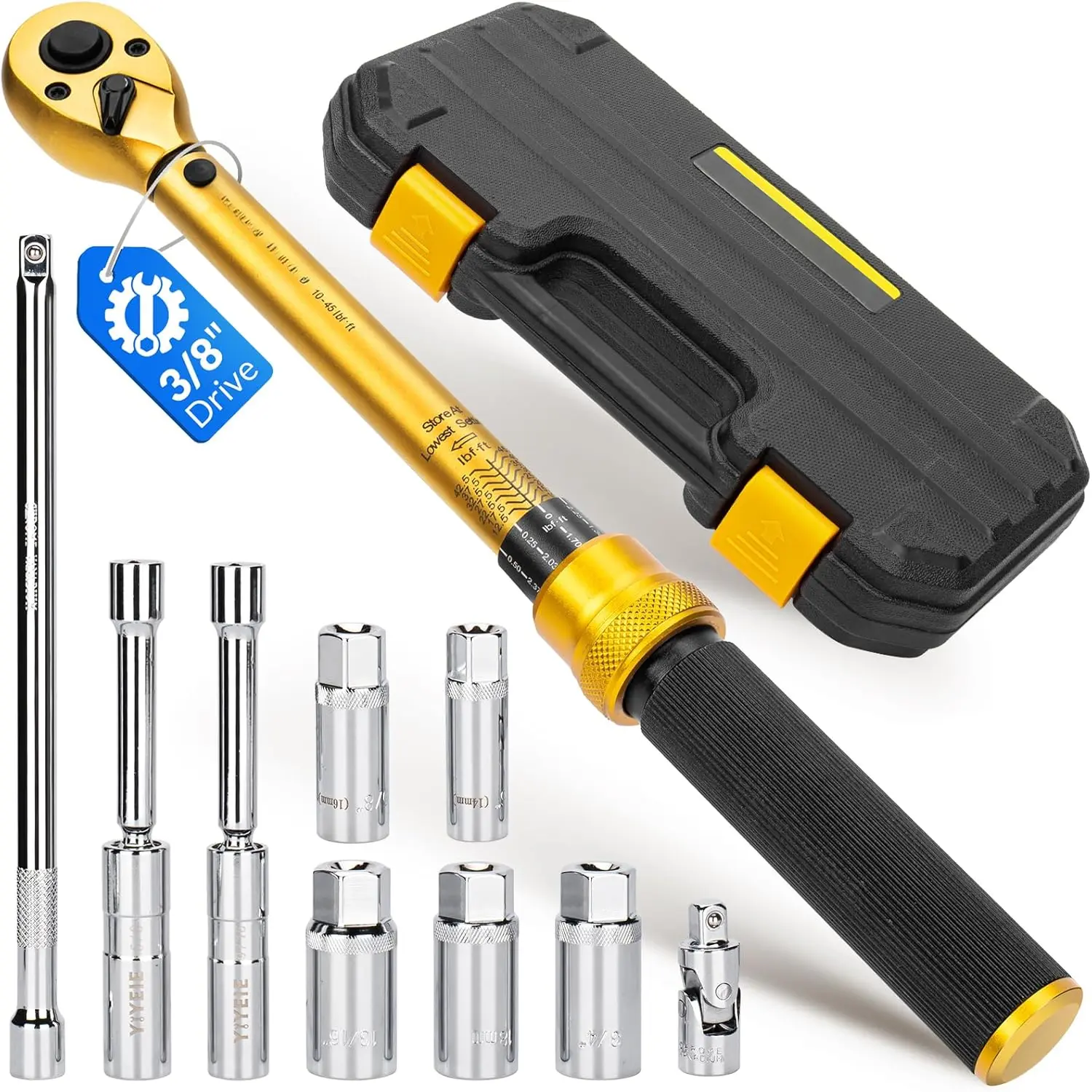 10 count  Spark Plug Socket Set with Torque Wrench 3/8 Drive, 10-45 FT.LB (13.5-61Nm), Spark Plug Socket Set with Torque Wrench, Includes 14, 16, 18 mm & 9/16, 5/8, 3/4, 13/16 Inch Socket