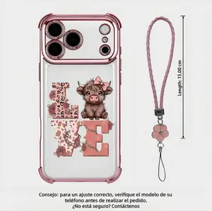 Cute Love Cow Printed Phone Case, Electroplated Edge, Four Corners Anti-Fall TPU Protective Cover with Wrist Chain, Couple Style Durable Case For iPhone 17 Pro Max to 12 Pro Max & XS Max