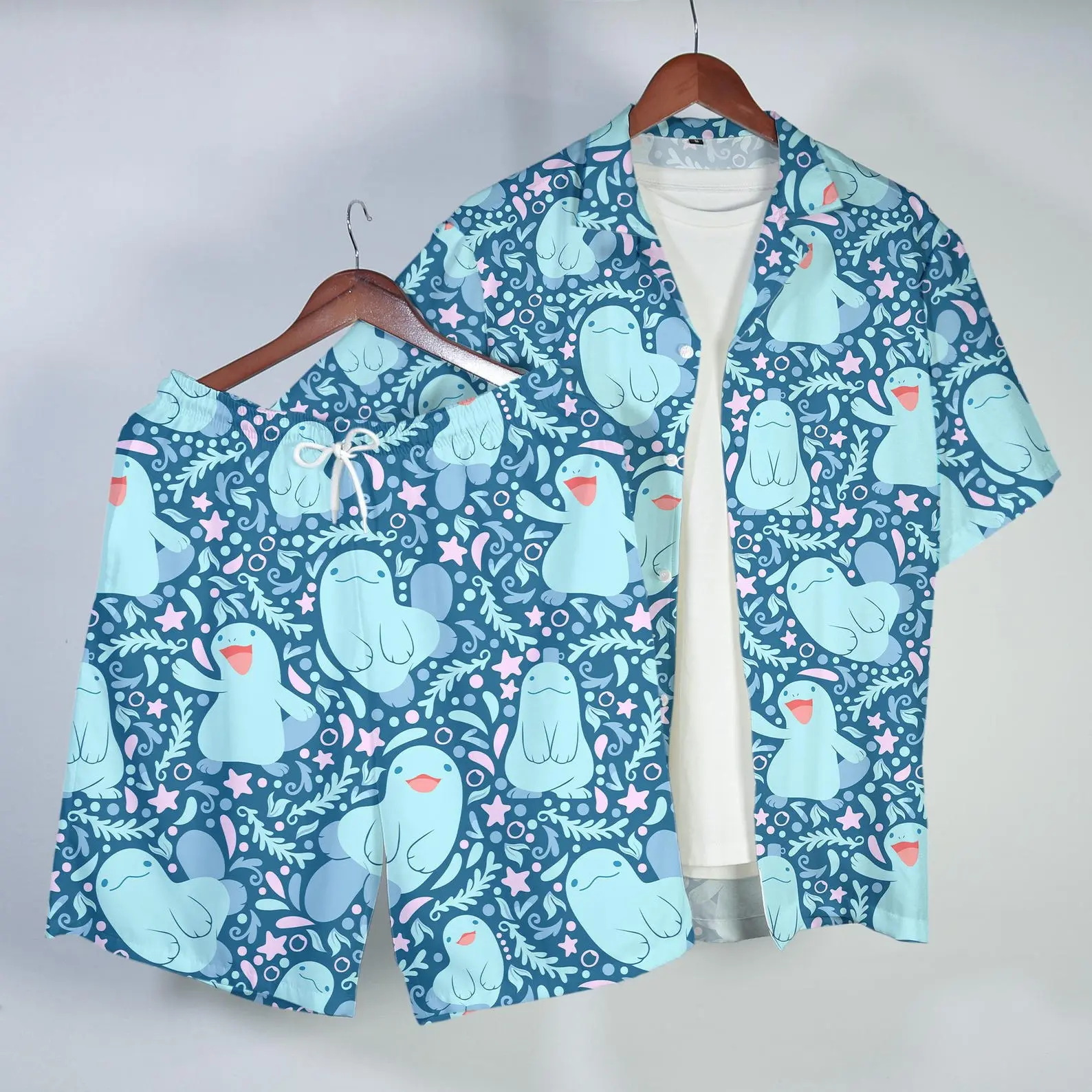 Quagsire Hawaiian Shirt Tropical Button Up Shirt Summer Beach Shorts Cute Water Pattern Matching Set Unisex Outfit Quagsire Shirt Gifts