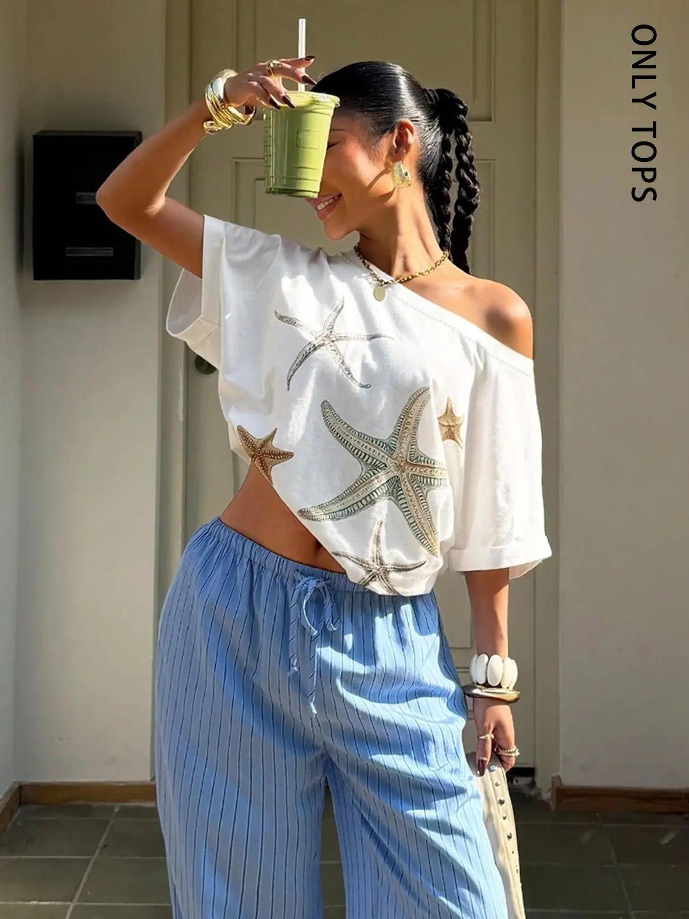 Women's Off Shoulder Short Sleeve T-Shirt, Loose Oversized Baggy Top With Vintage Starfish Print For Summer Beach Vacation And Daily Streetwear, Casual, Casual Comfy Clothes