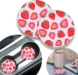 2 Pack Cute Pink Strawberry  Coasters,2.75 Inch  Cup Holder,Universal Rubber Anti-Slip Automotive Drink Soft Cup Mat, Interior Accessories for Women Men and Girls