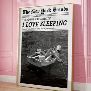 Trendy Newspaper Print, New York Times Wall Art, I Love Sleeping, Retro Magazine Poster, Vintage Bar Cart Print, Girly Girl Dorm Room Decor