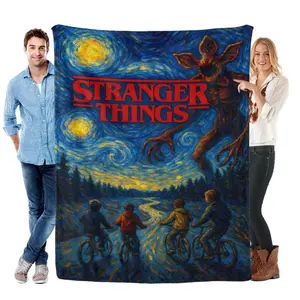 Stranger Things Van Gogh Starry Night Flannel Blanket - Unique Christmas Gift for Series Enthusiasts, Demogorgon & Biking Kids Artistic Style, Soft & Comfortable, 30x40 to 80x60 inches, Ideal for Nostalgic Sci-Fi Coziness