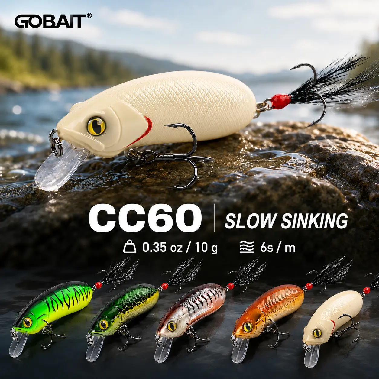 3Pcs Slow Sinking Crankbait Fishing Lures Set (2.4in / 0.35oz) - Hard Bait Wobbler with Feather Treble Hooks for Bass, Pike & Trout Fresh/Saltwater Fishing Lure Kit