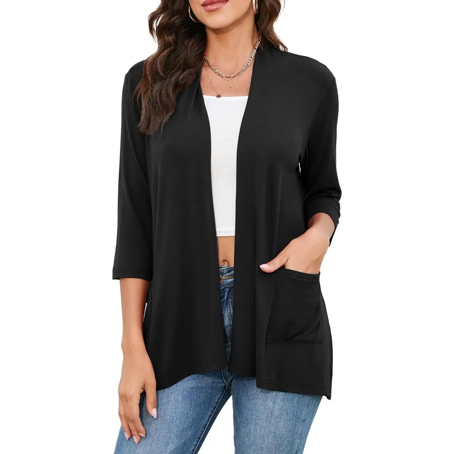 Womens Casual Lightweight Cardigans with Pockets 3/4 Sleeve Open Front Dusters