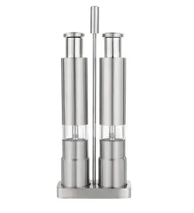 VYNZORTEXIA Stainless Steel Salt and Pepper Mill Set, 2 Pieces + Stand, Manual Grinding with Push Button, One-Handed Operation, Clear Window, Reusable Pepper Grinder and Salt Shaker