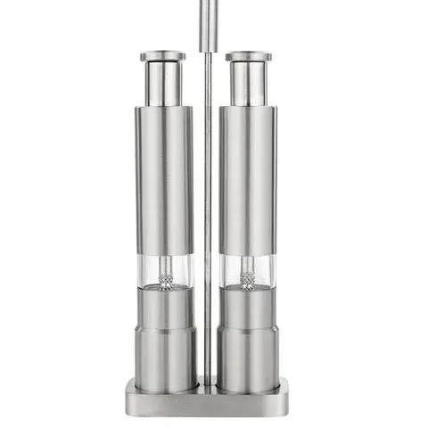VYNZORTEXIA Stainless Steel Salt and Pepper Mill Set, 2 Pieces + Stand, Manual Grinding with Push Button, One-Handed Operation, Clear Window, Reusable Pepper Grinder and Salt Shaker