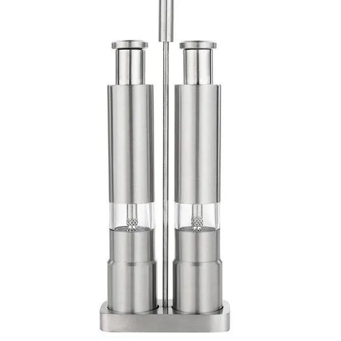 VYNZORTEXIA Stainless Steel Salt and Pepper Mill Set, 2 Pieces + Stand, Manual Grinding with Push Button, One-Handed Operation, Clear Window, Reusable Pepper Grinder and Salt Shaker