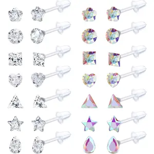 LOLIAS 14Pairs Clear Plastic Earrings Stud Earrings for Women Rhinestone Acrylic Stud Earrings Clear Piercing Retainer for Sport Work