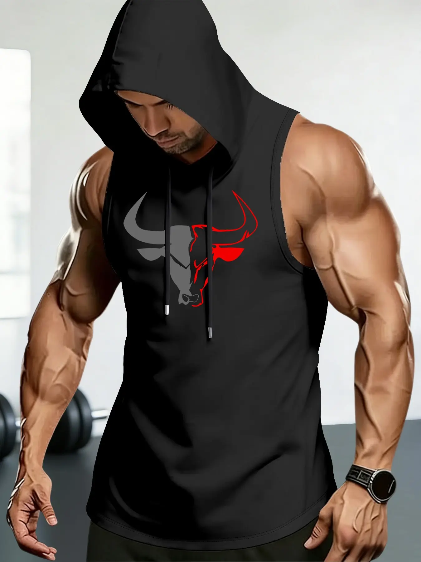 Men's Drawstring Hooded Sleeveless T-Shirt, Bull Head Colorblock Pattern, Comfortable Casual Wear, Sporty Fashion, Fitness Workout Vest, Sleeveless Sports Vest, Workout Tank, Sleeveless Activewear, Fitness Apparel, Sleeveless Sports Top, Workout Clothing