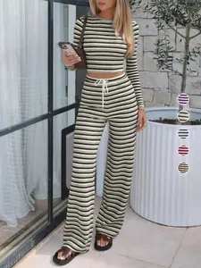 Women's Casual Soft Breathable Comfortable Fit Long Sleeve Striped Top + Loose Printed Pants Set, Perfect for Daily Wear & Versatile Womenswear Clothes